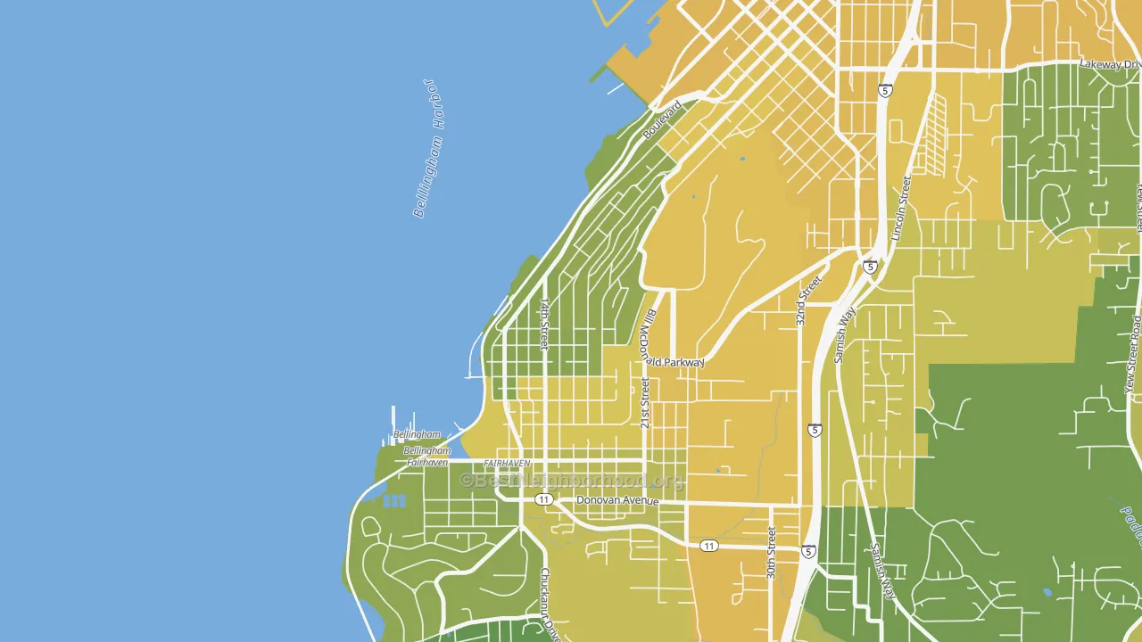 Map of the best neighborhoods in the South Hill, Bellingham area, with better matches in green and worse matches in red