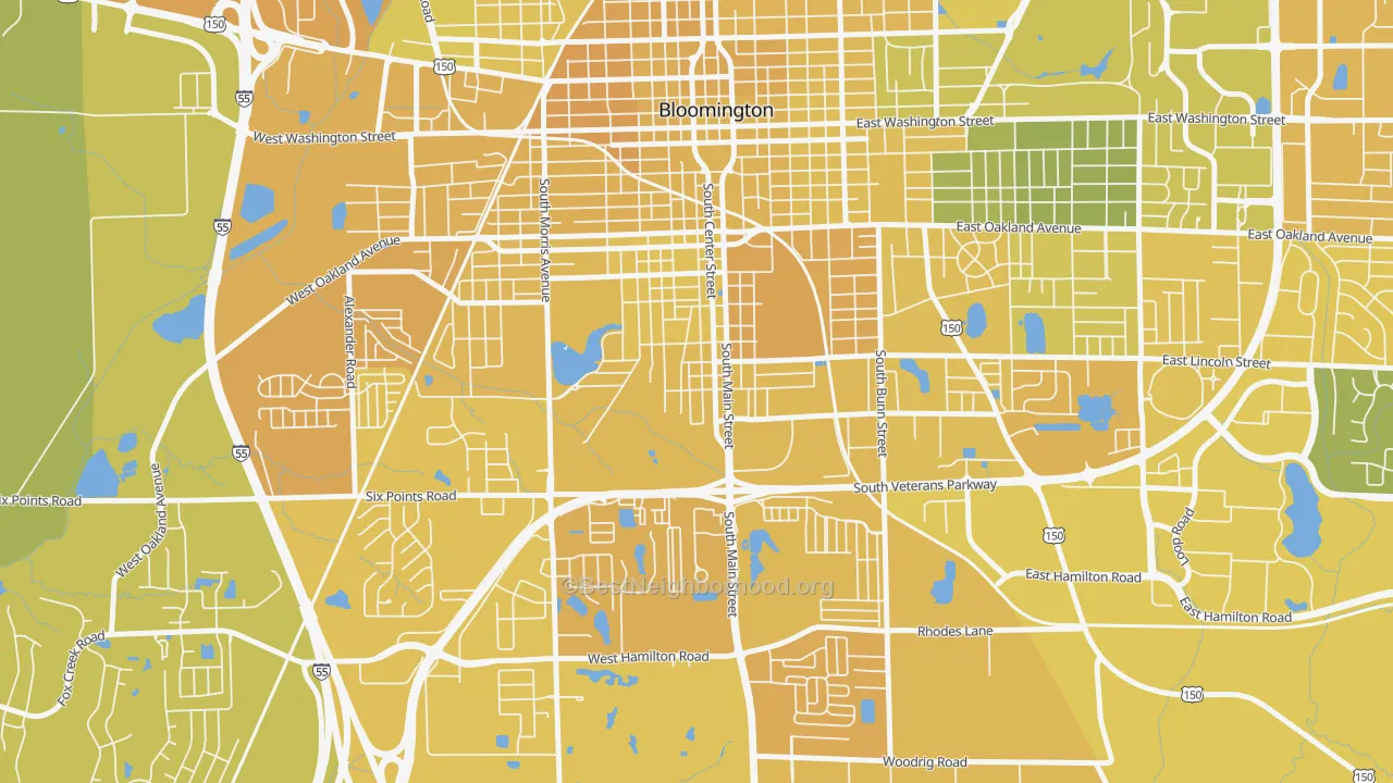 Map of the best neighborhoods in the South Hill, Bloomington area, with better matches in green and worse matches in red