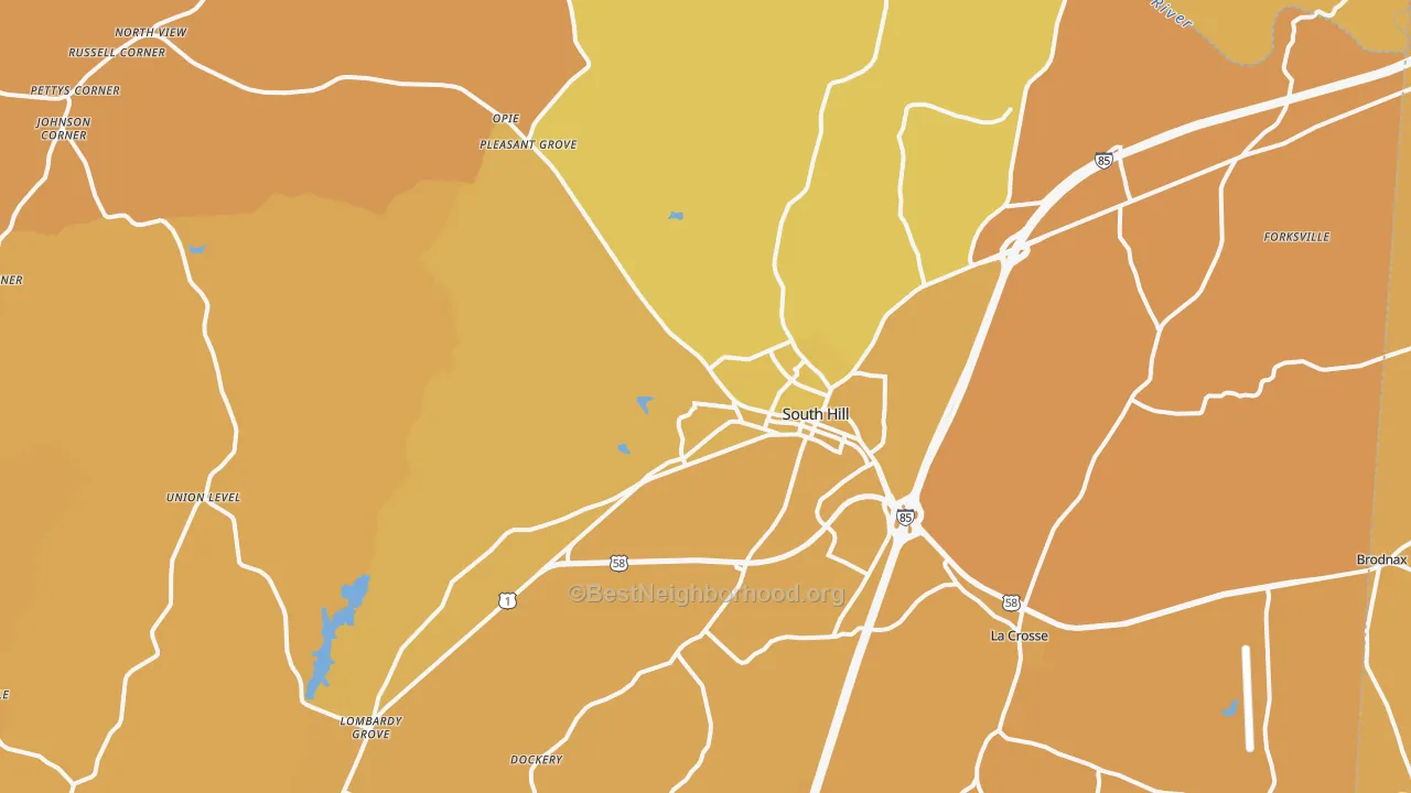 Map of the best neighborhoods in the South Hill area, with better matches in green and worse matches in red