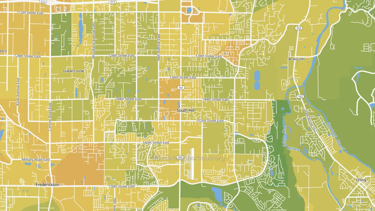 Map of the best neighborhoods in the South Hill area, with better matches in green and worse matches in red
