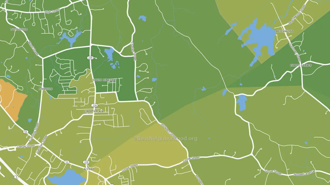 Map of the best neighborhoods in the South Hingham area, with better matches in green and worse matches in red
