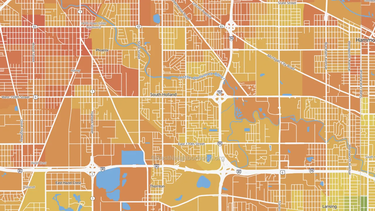 Map of the best neighborhoods in the South Holland area, with better matches in green and worse matches in red