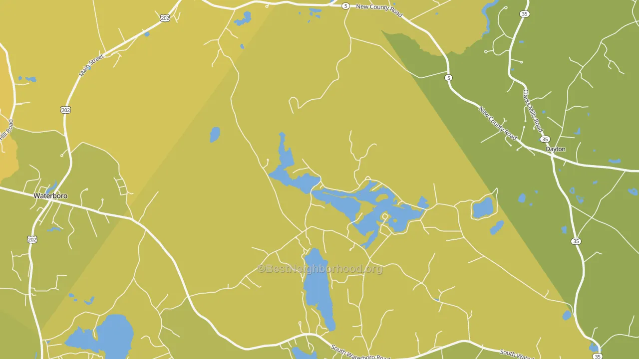 Map of the best neighborhoods in the South Hollis area, with better matches in green and worse matches in red