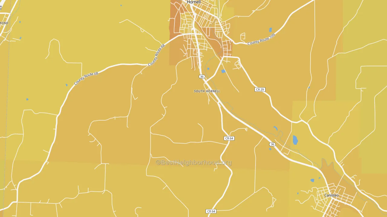 Map of the best neighborhoods in the South Hornell area, with better matches in green and worse matches in red