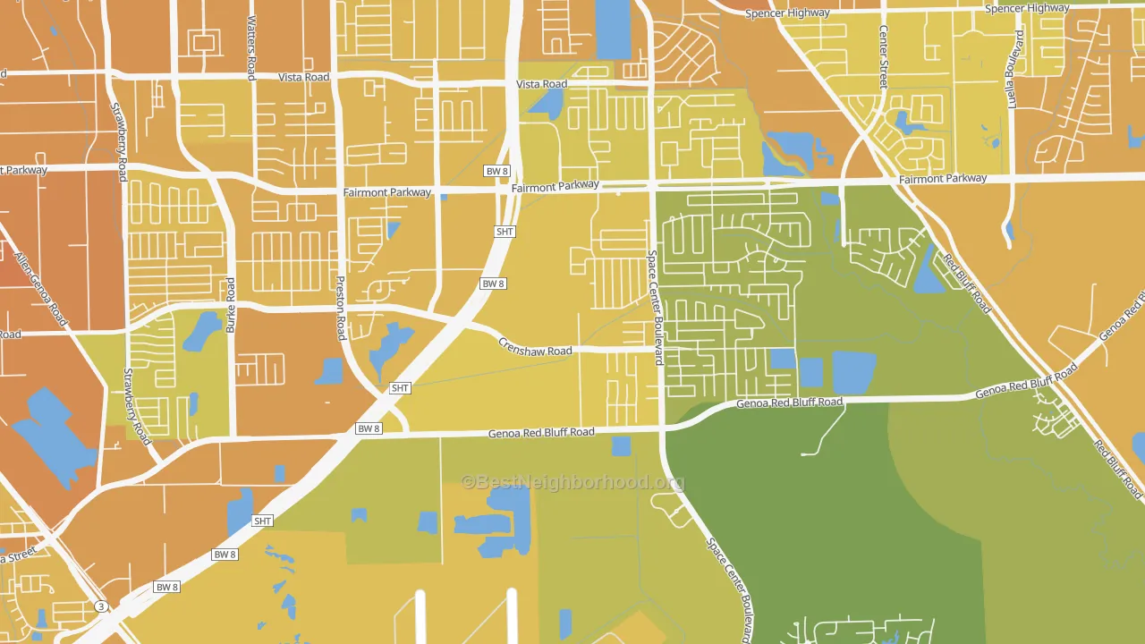 Map of the best neighborhoods in the South Houston Gardens, Pasadena area, with better matches in green and worse matches in red