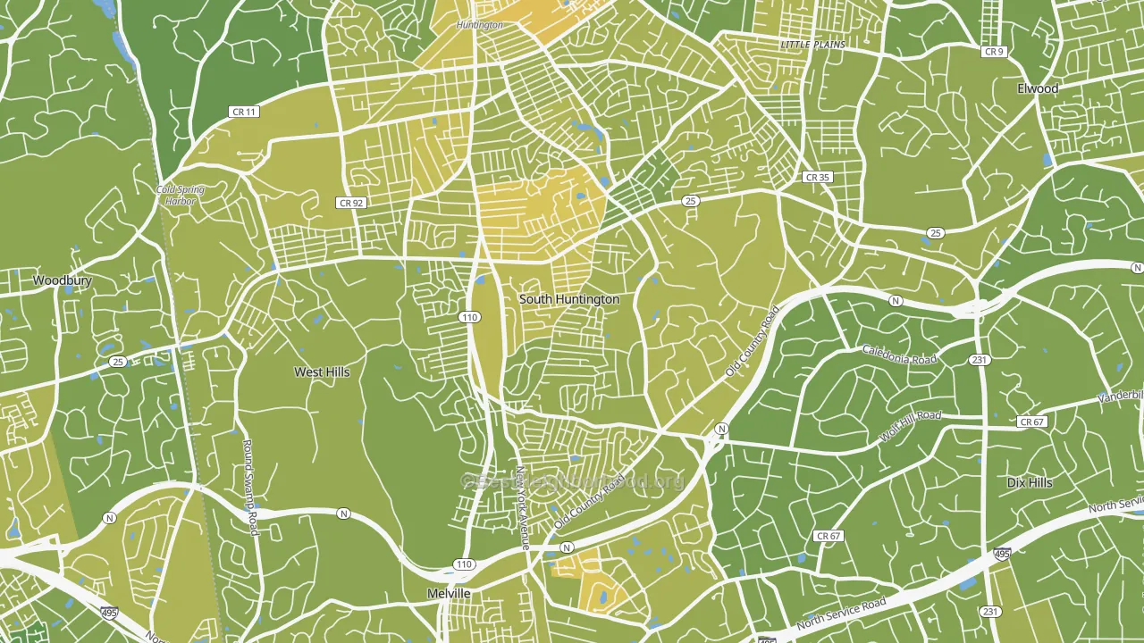 Map of the best neighborhoods in the South Huntington area, with better matches in green and worse matches in red