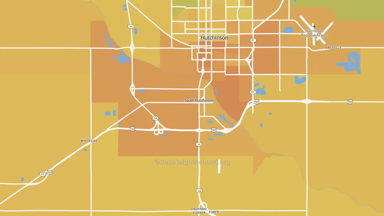 Map of the best neighborhoods in the South Hutchinson area, with better matches in green and worse matches in red