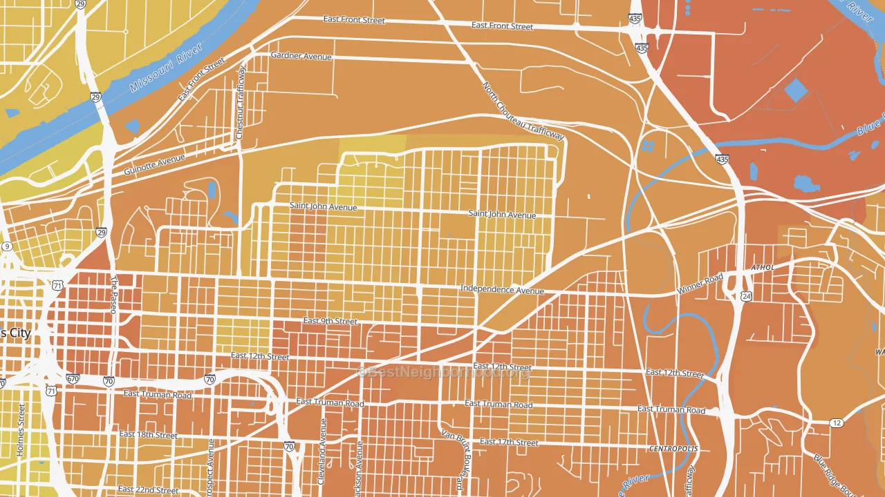 Map of the best neighborhoods in the South India Mound, Kansas City area, with better matches in green and worse matches in red