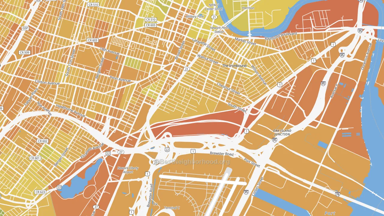 Map of the best neighborhoods in the South Ironbound, Newark area, with better matches in green and worse matches in red