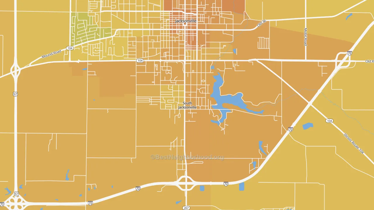 Map of the best neighborhoods in the South Jacksonville area, with better matches in green and worse matches in red