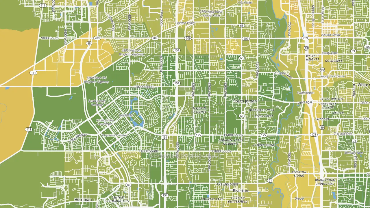 Map of the best neighborhoods in the South Jordan area, with better matches in green and worse matches in red