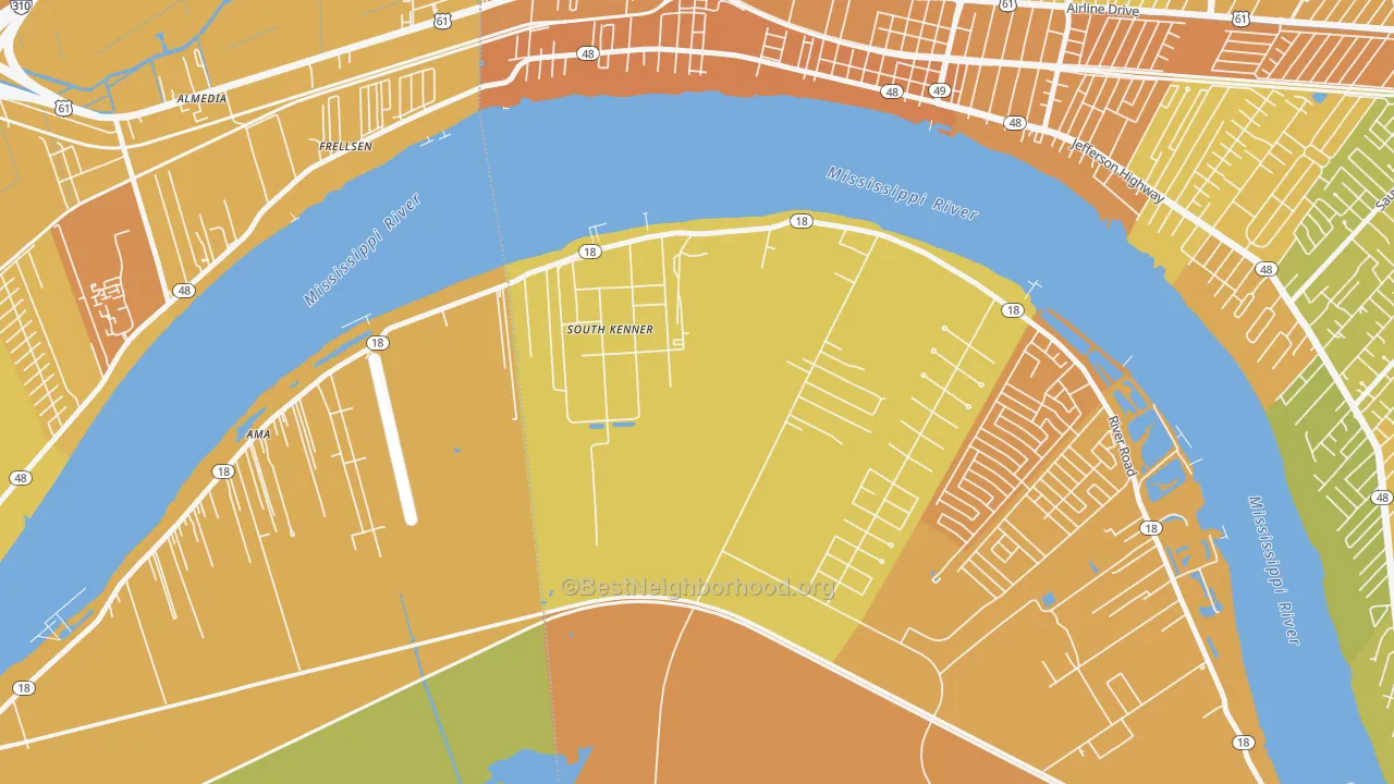 Map of the best neighborhoods in the South Kenner area, with better matches in green and worse matches in red