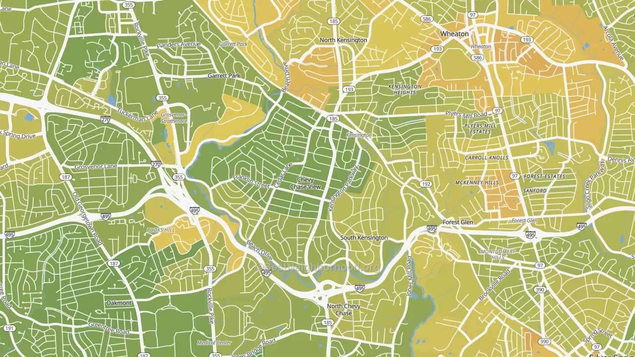 Map of the best neighborhoods in the South Kensington area, with better matches in green and worse matches in red