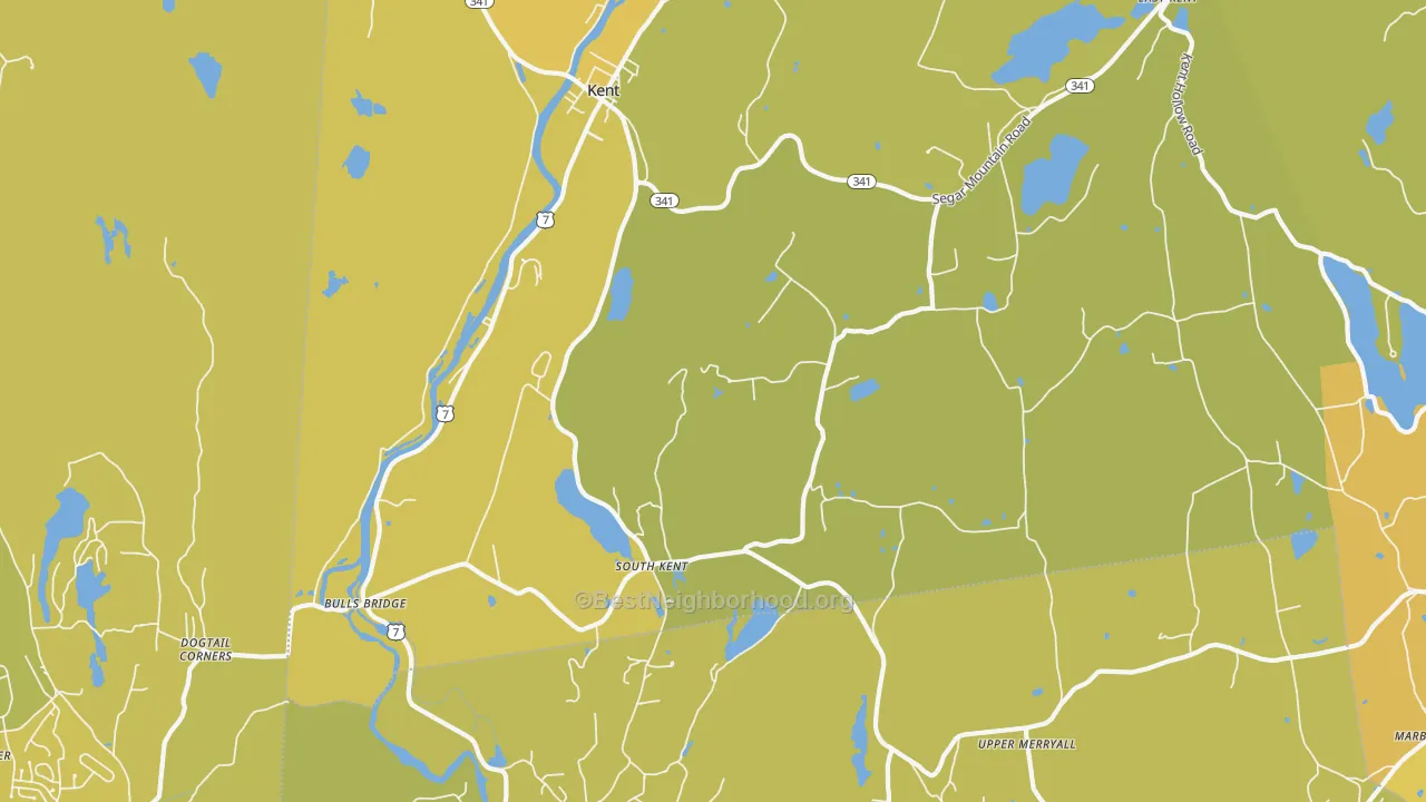Map of the best neighborhoods in the South Kent area, with better matches in green and worse matches in red