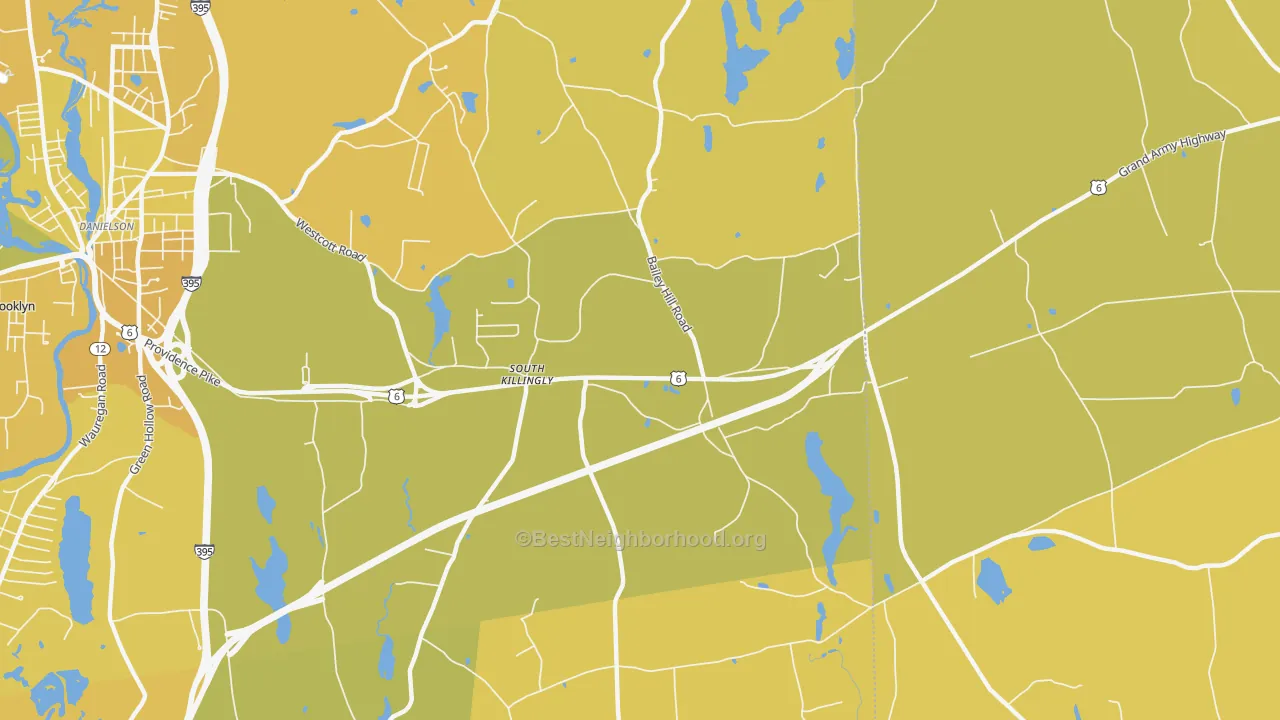 Map of the best neighborhoods in the South Killingly area, with better matches in green and worse matches in red