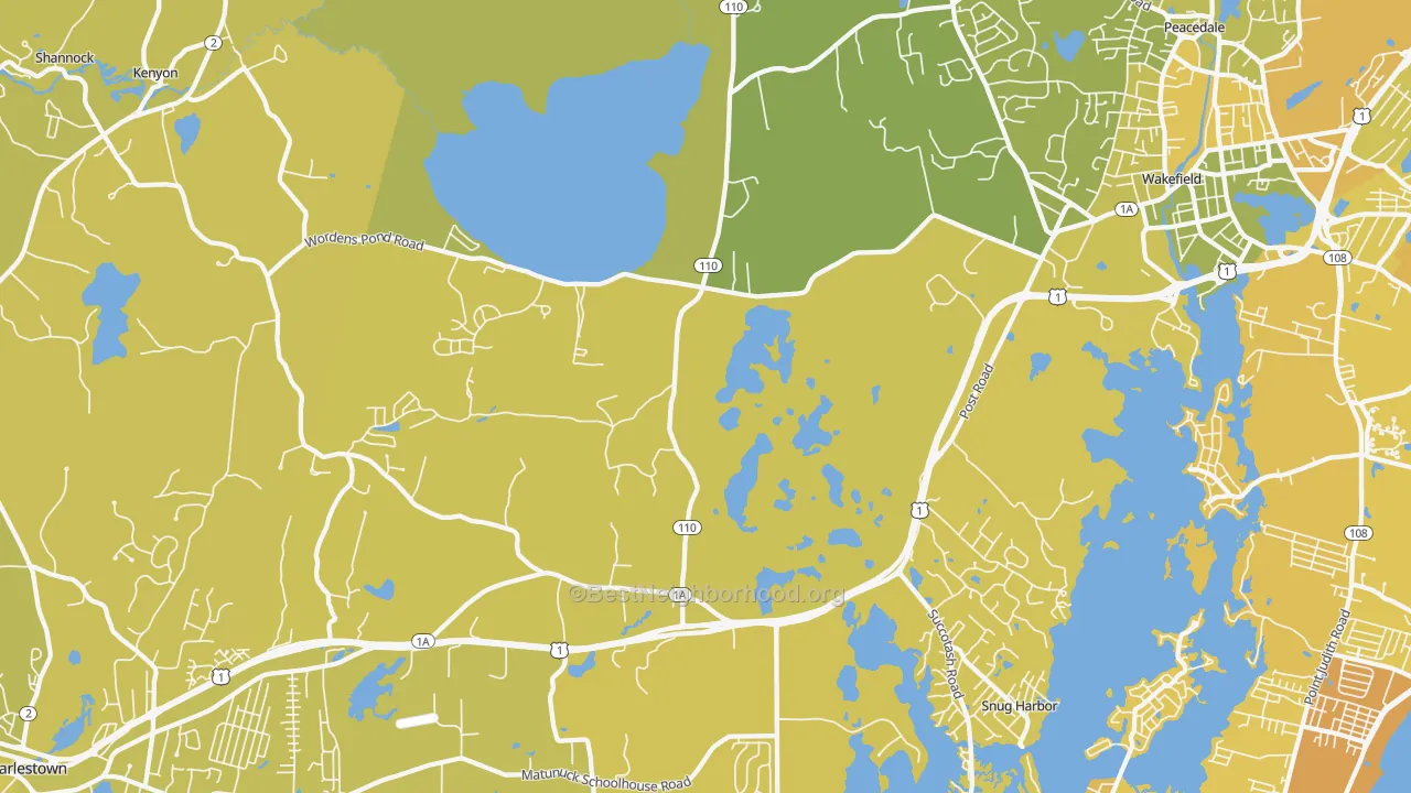 Map of the best neighborhoods in the South Kingstown area, with better matches in green and worse matches in red