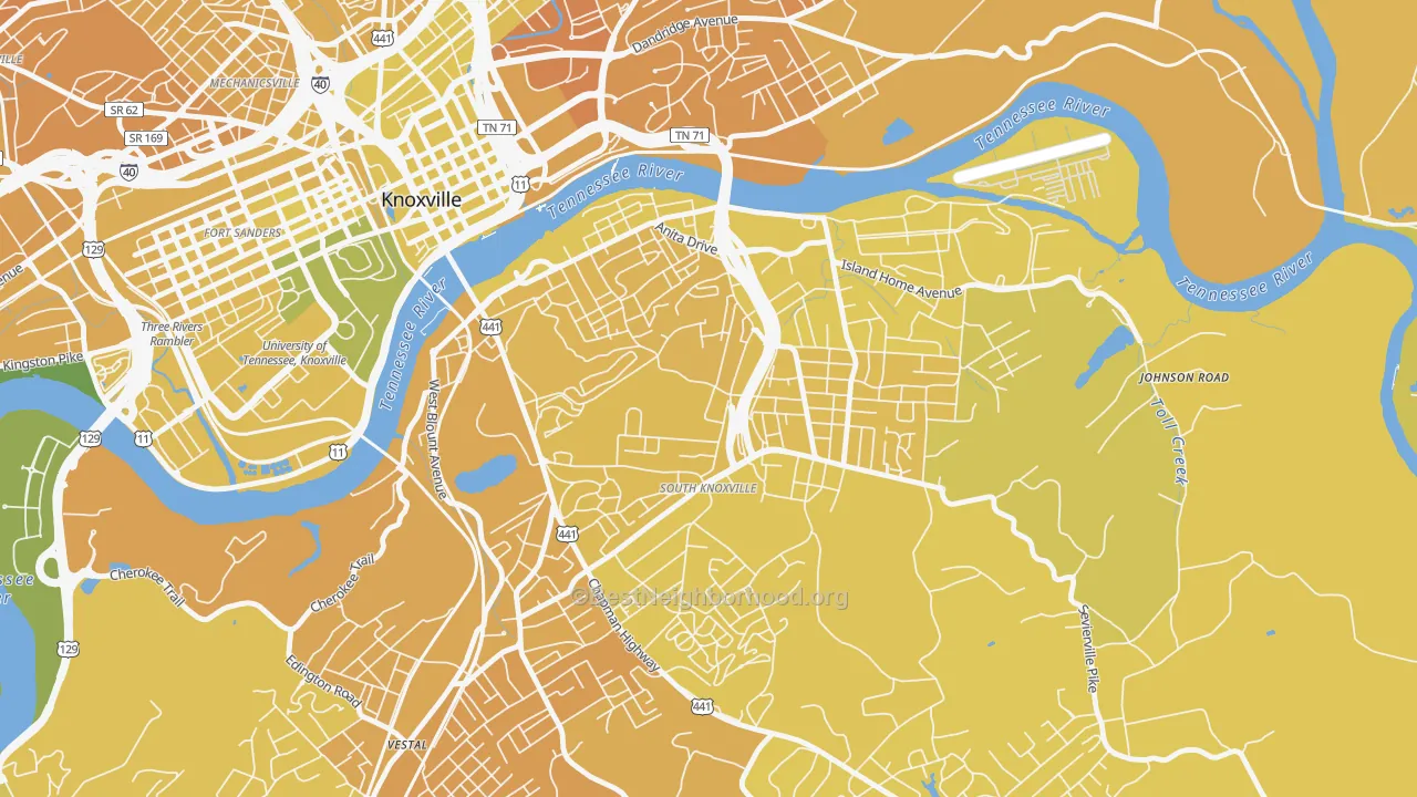Map of the best neighborhoods in the South Knoxville, Knoxville area, with better matches in green and worse matches in red