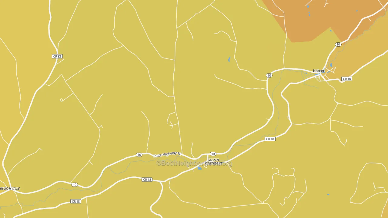 Map of the best neighborhoods in the South Kortright area, with better matches in green and worse matches in red