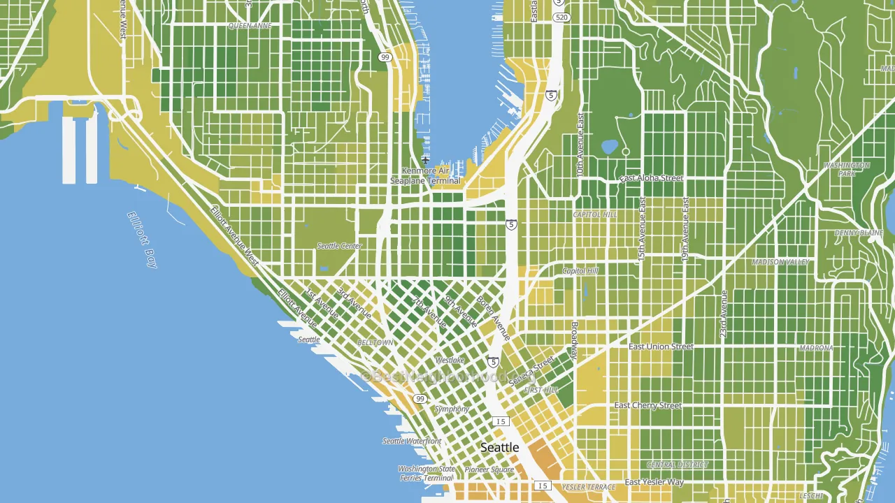 Map of the best neighborhoods in the South Lake Union, Seattle area, with better matches in green and worse matches in red