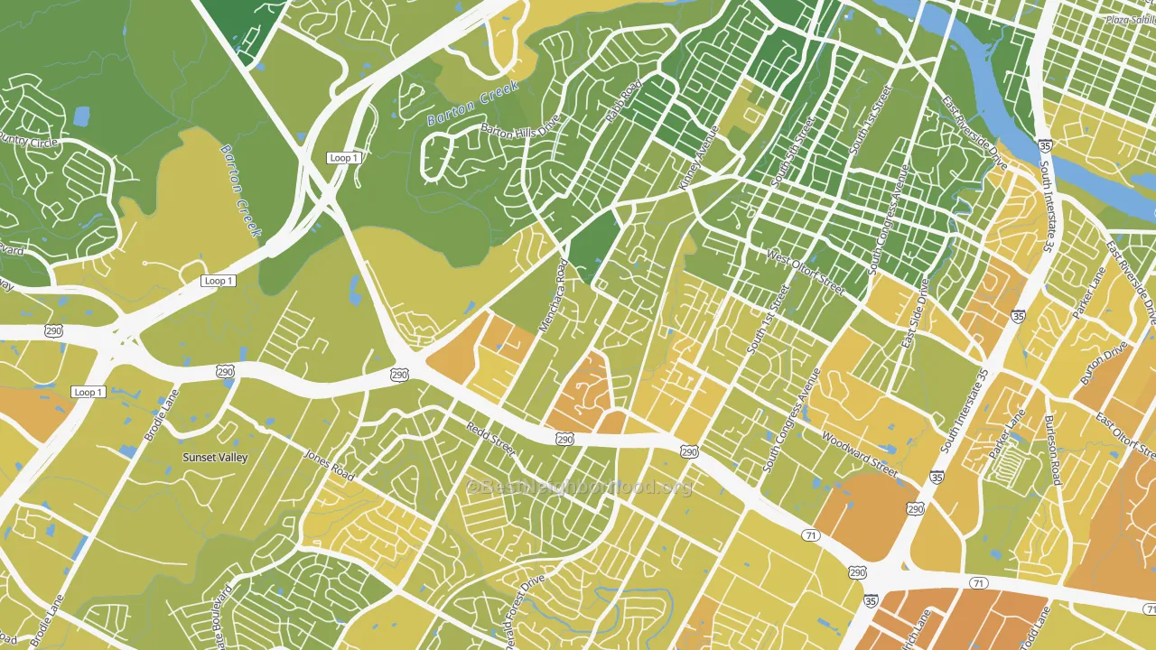 Map of the best neighborhoods in the South Lamar, Austin area, with better matches in green and worse matches in red