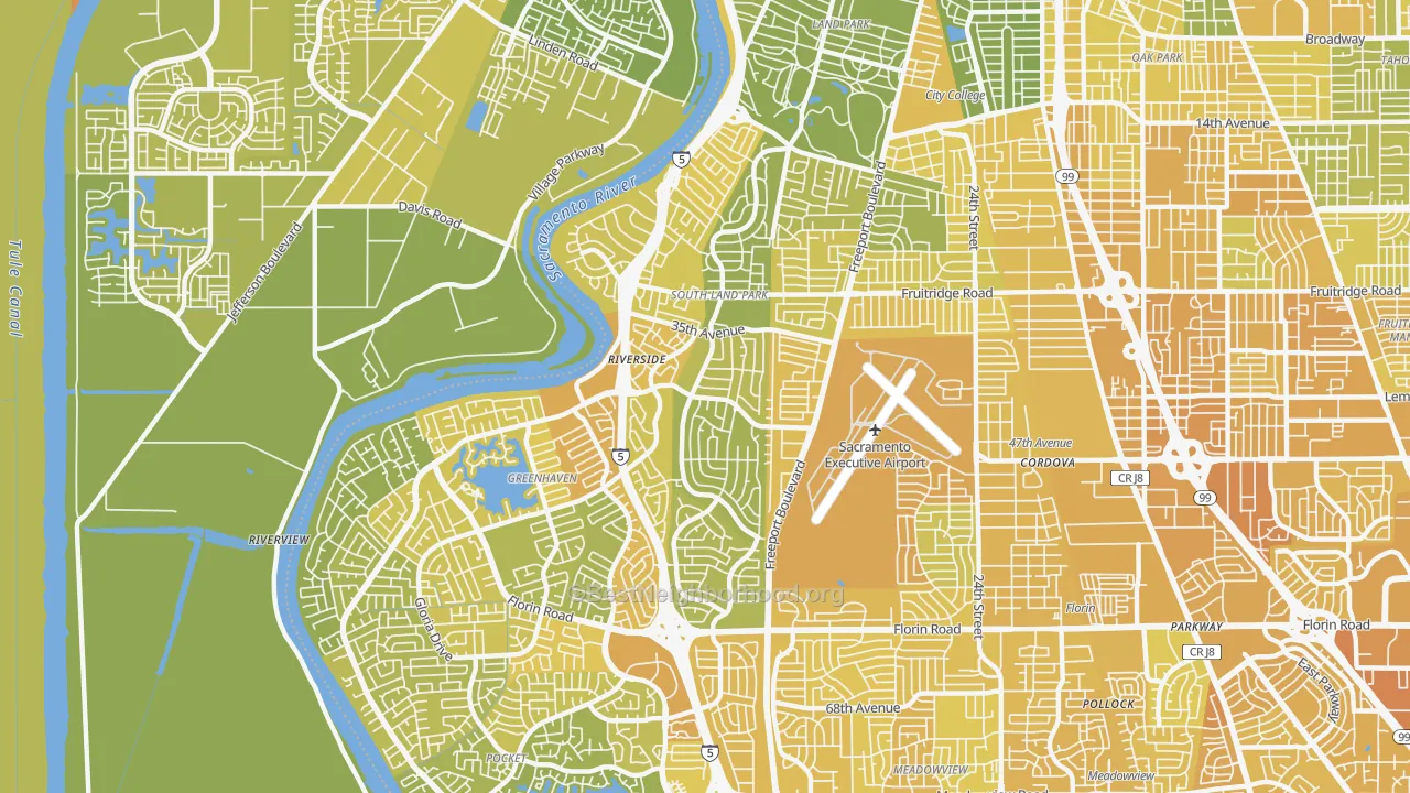 Map of the best neighborhoods in the South Land Park, Sacramento area, with better matches in green and worse matches in red