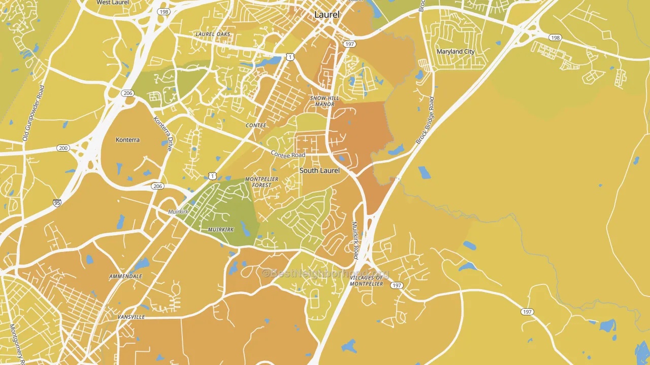 Map of the best neighborhoods in the South Laurel area, with better matches in green and worse matches in red