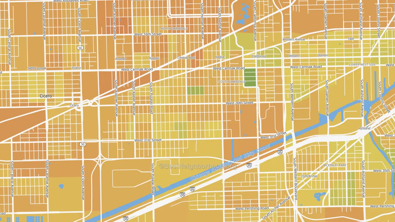 Map of the best neighborhoods in the South Lawndale, Chicago area, with better matches in green and worse matches in red