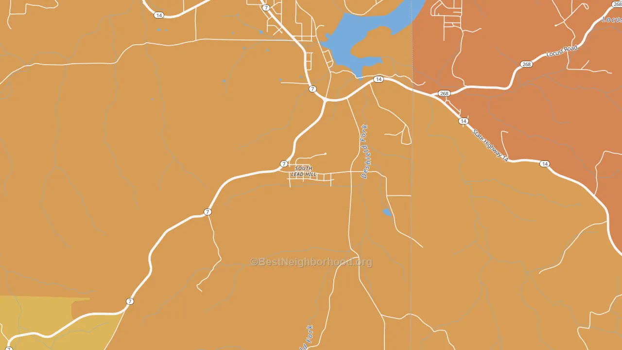 Map of the best neighborhoods in the South Lead Hill area, with better matches in green and worse matches in red