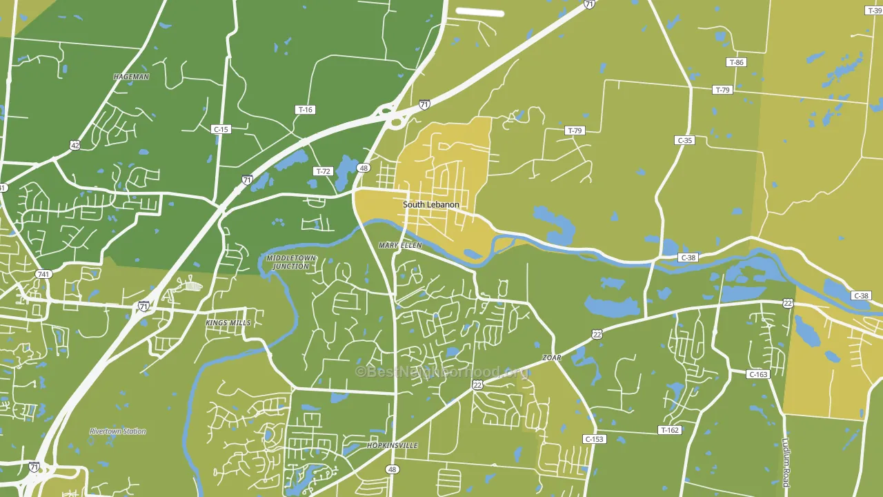 Map of the best neighborhoods in the South Lebanon area, with better matches in green and worse matches in red