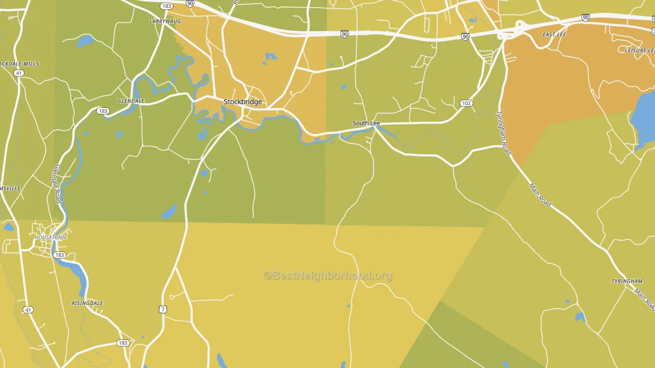 Map of the best neighborhoods in the South Lee area, with better matches in green and worse matches in red
