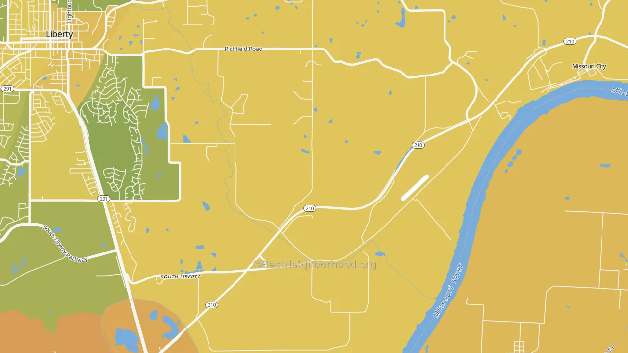 Map of the best neighborhoods in the South Liberty area, with better matches in green and worse matches in red