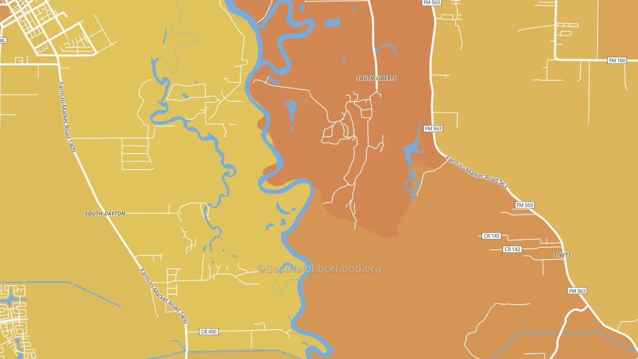 Map of the best neighborhoods in the South Liberty area, with better matches in green and worse matches in red