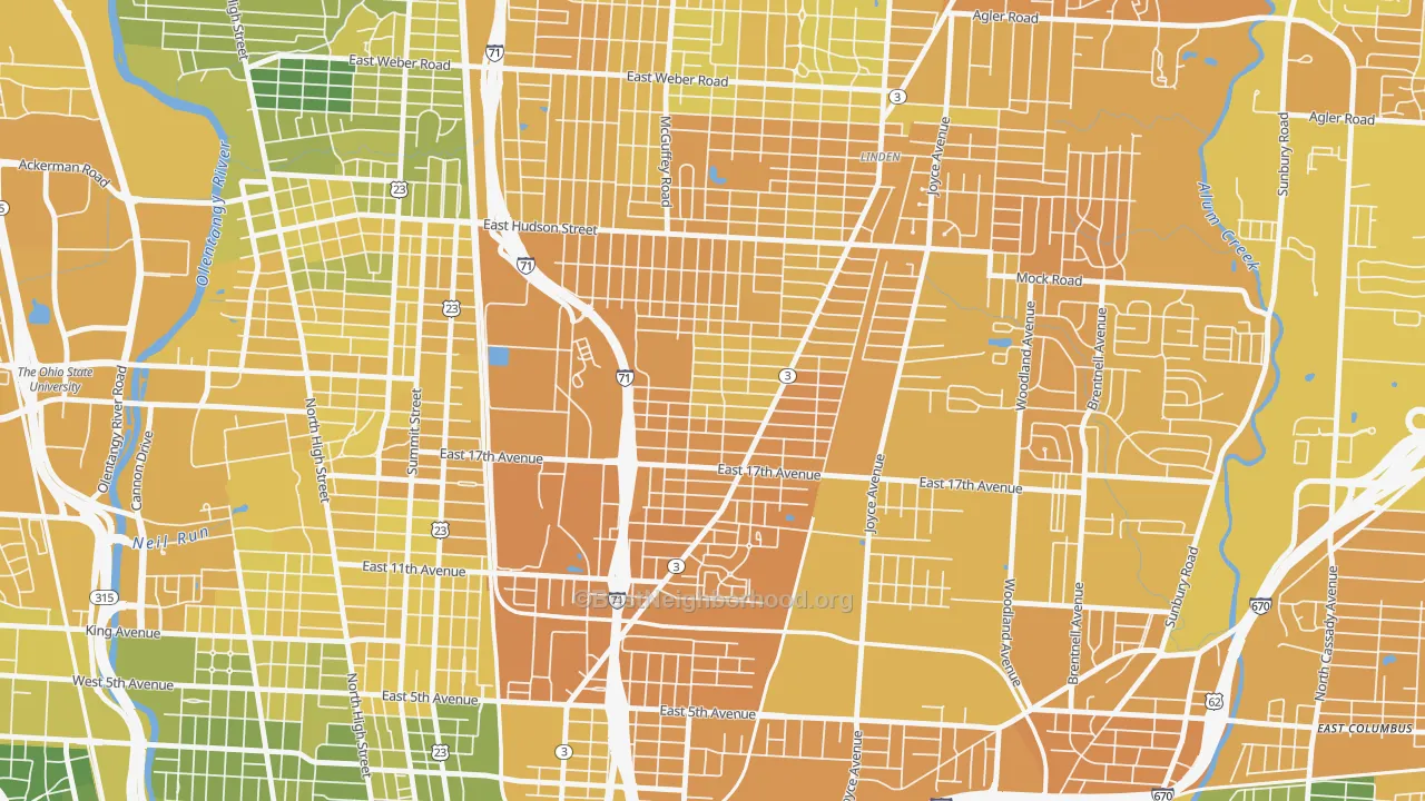 Map of the best neighborhoods in the South Linden, Columbus area, with better matches in green and worse matches in red
