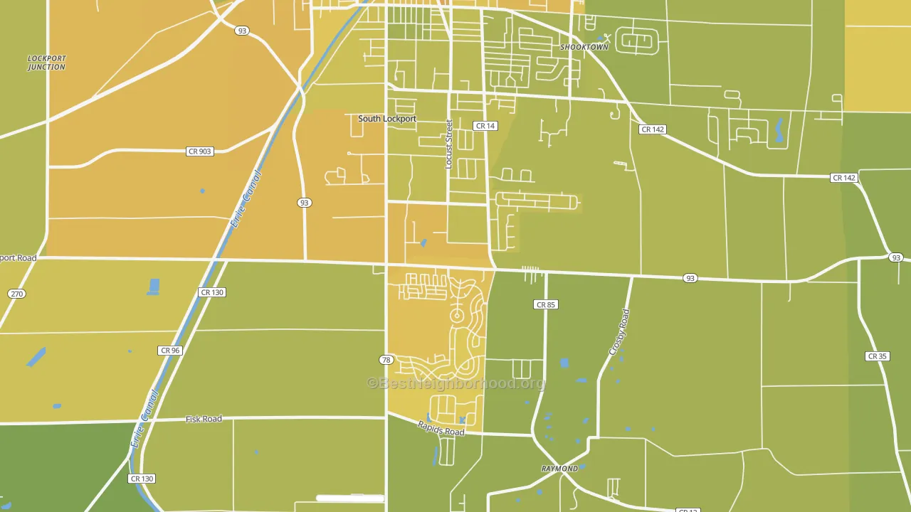 Map of the best neighborhoods in the South Lockport area, with better matches in green and worse matches in red
