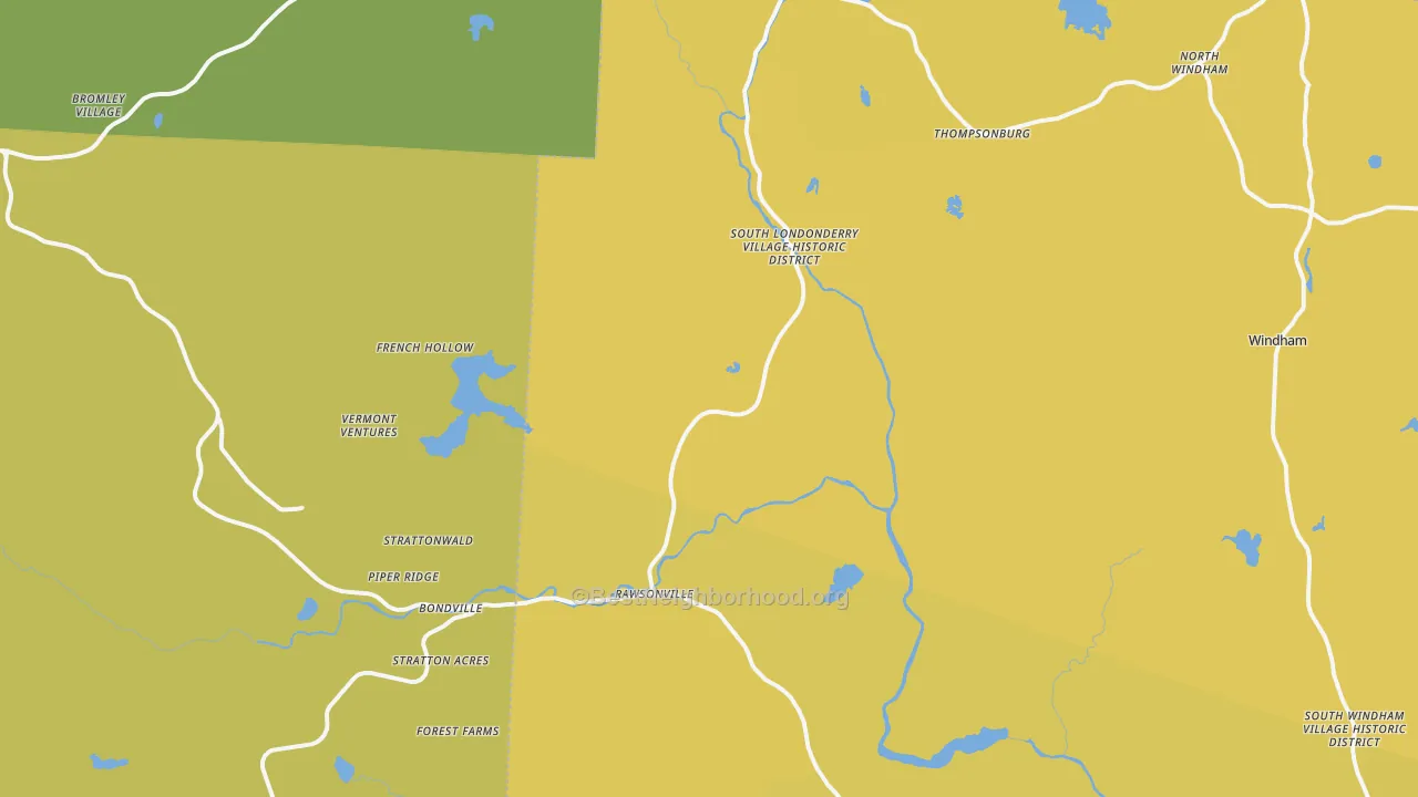 Map of the best neighborhoods in the South Londonderry area, with better matches in green and worse matches in red