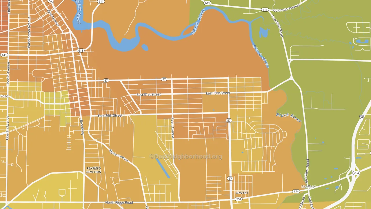 Map of the best neighborhoods in the South Lorain, Lorain area, with better matches in green and worse matches in red