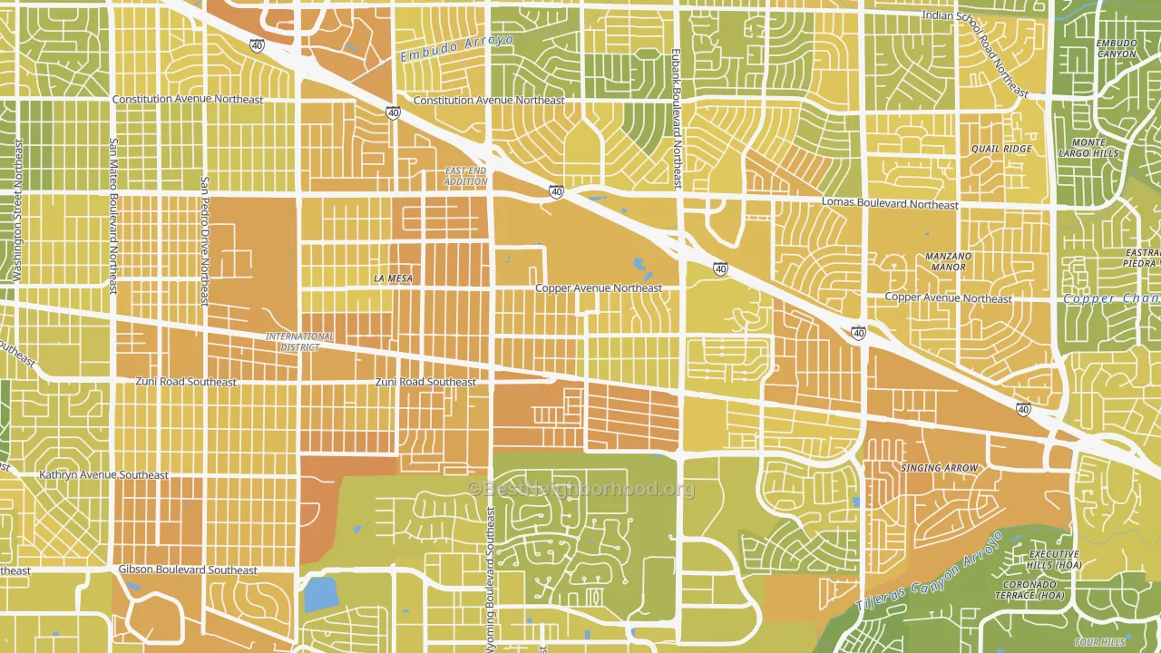 Map of the best neighborhoods in the South Los Altos, Albuquerque area, with better matches in green and worse matches in red