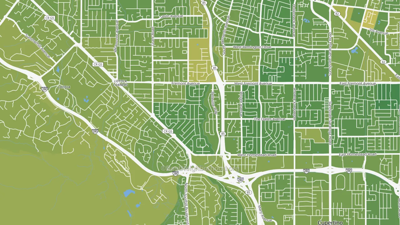 Map of the best neighborhoods in the South Los Altos, Los Altos area, with better matches in green and worse matches in red