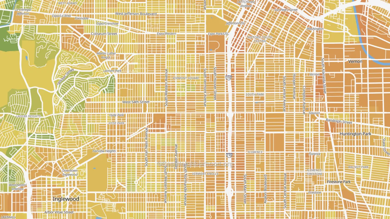 Map of the best neighborhoods in the South Los Angeles, Los Angeles area, with better matches in green and worse matches in red