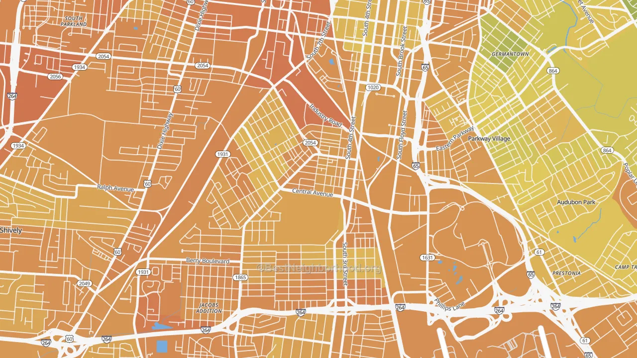 Map of the best neighborhoods in the South Louisville, Louisville area, with better matches in green and worse matches in red