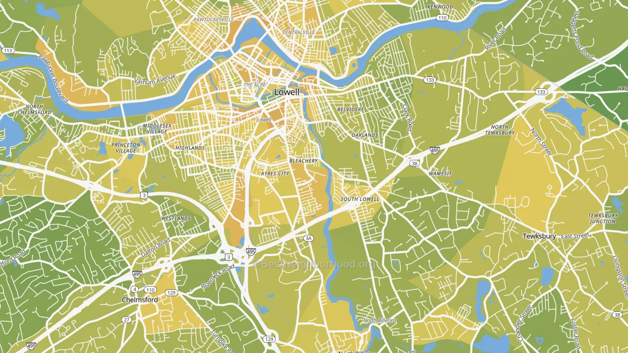 Map of the best neighborhoods in the South Lowell, Lowell area, with better matches in green and worse matches in red