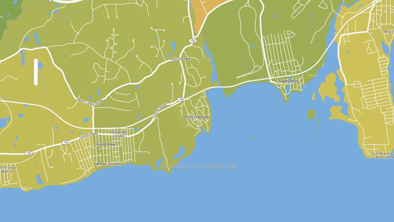 Map of the best neighborhoods in the South Lyme area, with better matches in green and worse matches in red