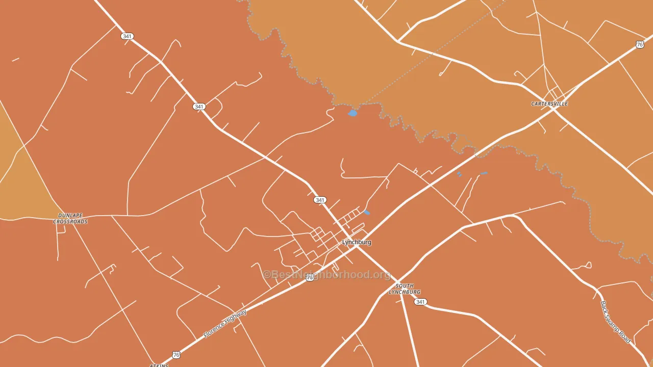 Map of the best neighborhoods in the South Lynchburg area, with better matches in green and worse matches in red