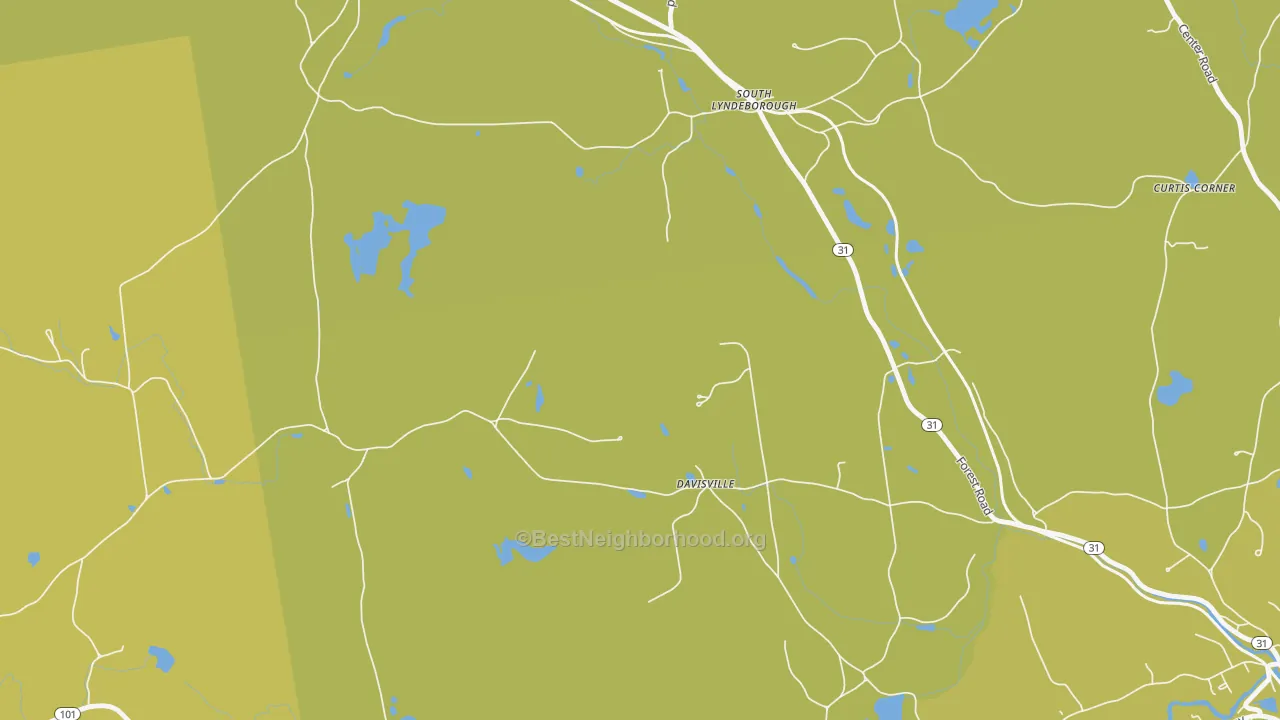 Map of the best neighborhoods in the South Lyndeboro area, with better matches in green and worse matches in red