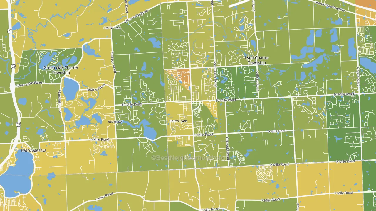 Map of the best neighborhoods in the South Lyon area, with better matches in green and worse matches in red