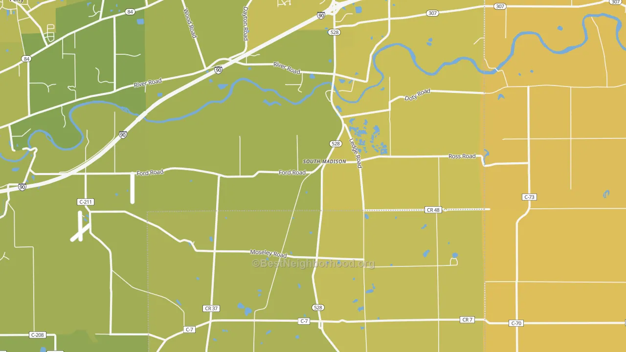 Map of the best neighborhoods in the South Madison area, with better matches in green and worse matches in red