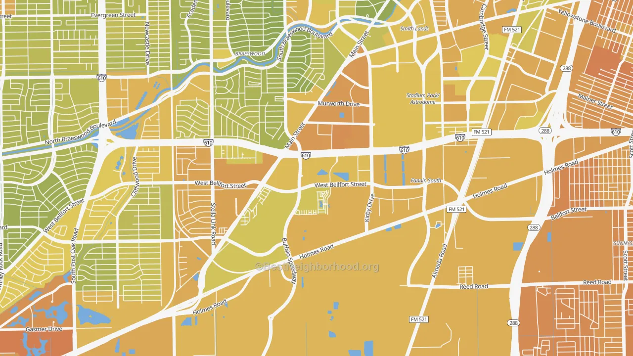 Map of the best neighborhoods in the South Main, Houston area, with better matches in green and worse matches in red
