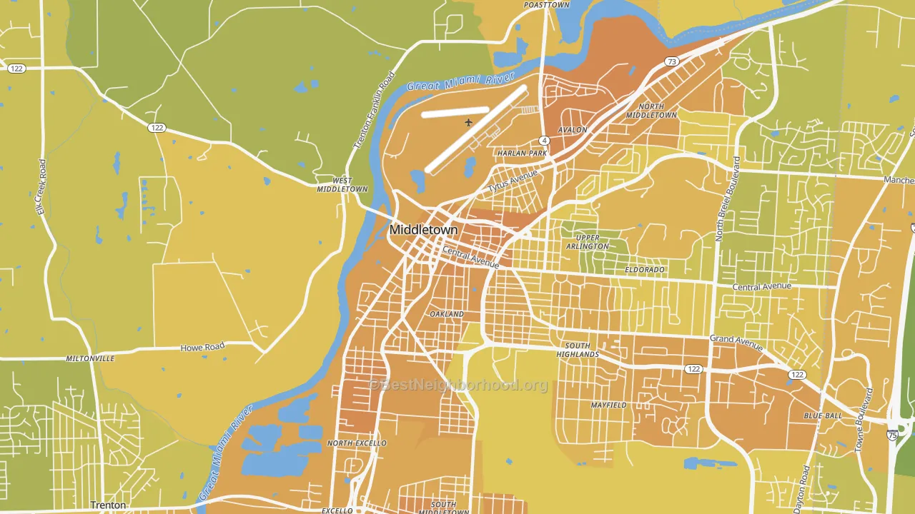 Map of the best neighborhoods in the South Main Street Historic District, Middletown area, with better matches in green and worse matches in red