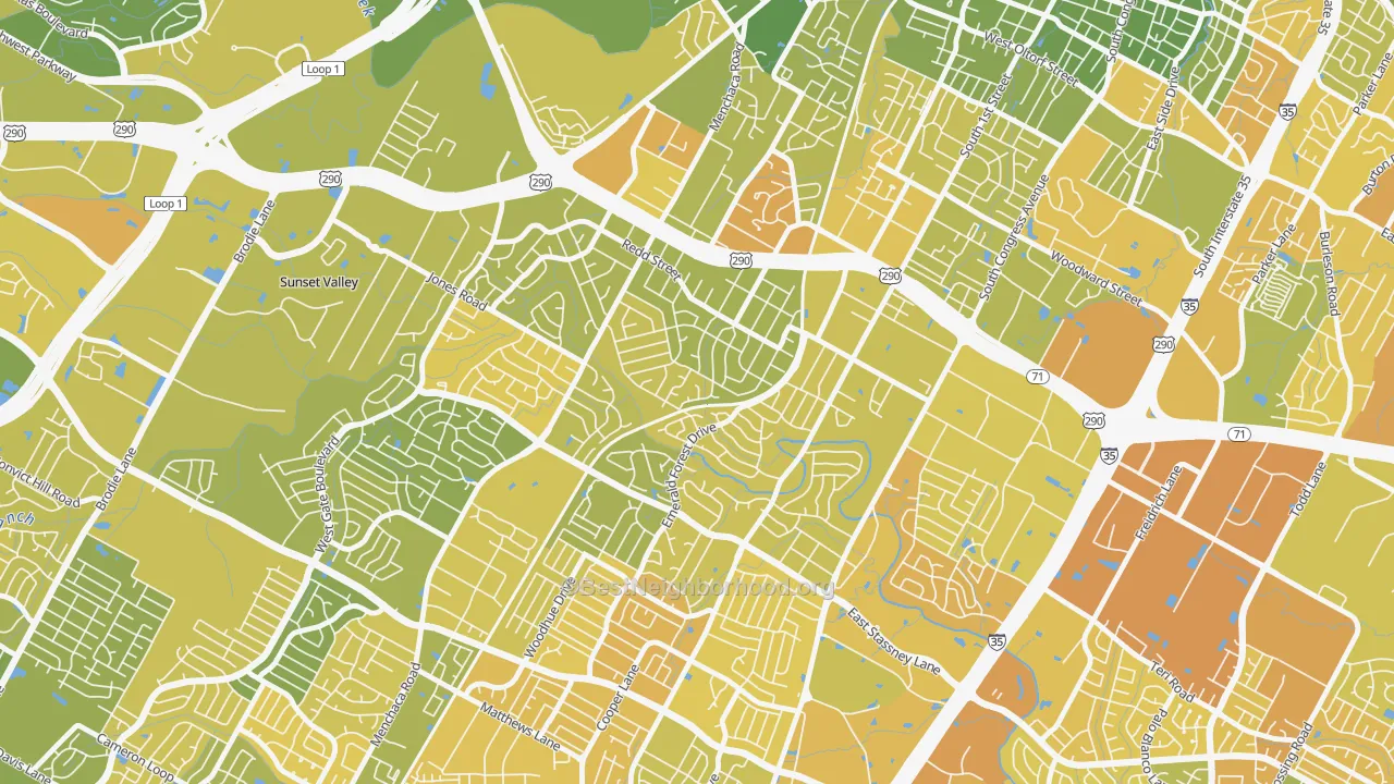 Map of the best neighborhoods in the South Manchaca, Austin area, with better matches in green and worse matches in red