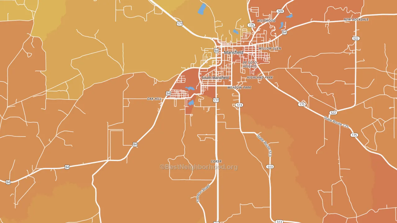 Map of the best neighborhoods in the South Mansfield area, with better matches in green and worse matches in red